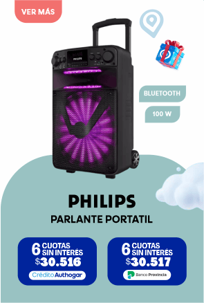 PHILIPS PARLANTE PORTATIL BLUETOOTH 100 W 6 CUOTAS SIN INTERÉS $30.516 Crédito Authogar 6 CUOTAS SIN INTERÉS $30.517 Banco Provincia